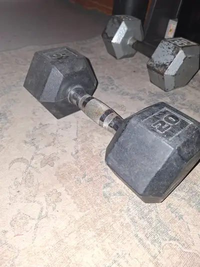 2 separate dumbells. 20 lbs rubber hexagon 30 lbs metal hexagon, View more