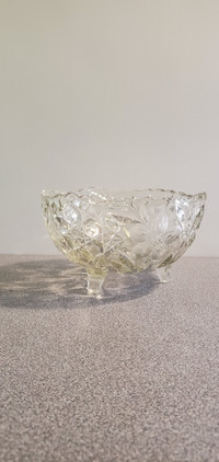 Footed Glass Bowl Centerpiece - Etched Flowers -Trinket Dish