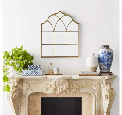 Vintage Gold Windowpane Mantel Mirror, 25" H, Retail $200+, View more