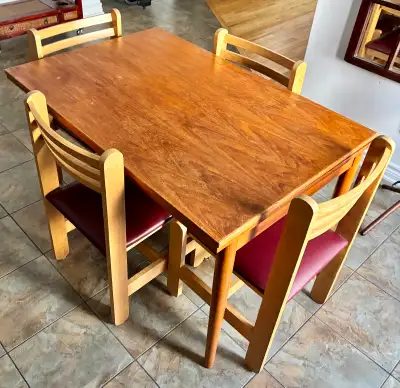 Wooden dining room table with 4 chairs, View more