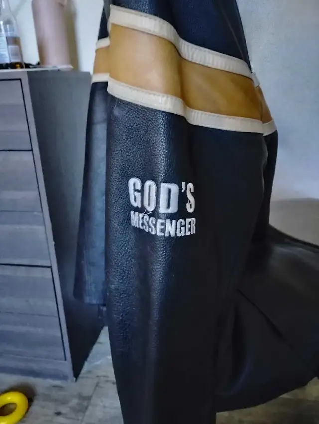 men's leather jacket  with gospel writing on it  in Men's in Edmonton - Image 4