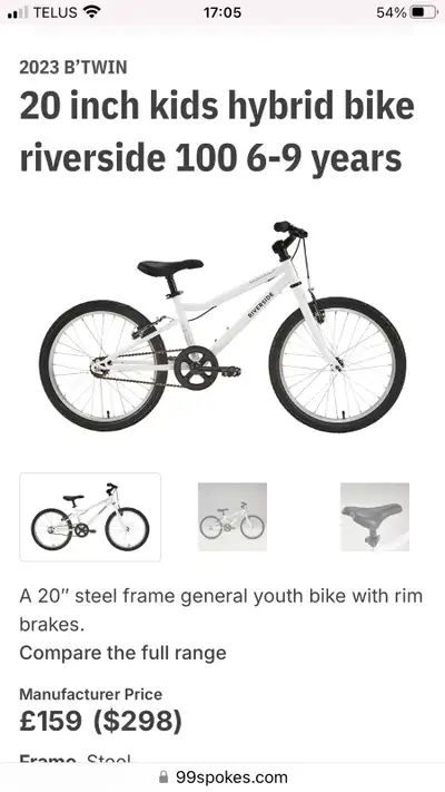 2023 B'Twin Vélo/bike d'enfant Riverside 100 roues 20po pour fille de 6-9ans, en très bon état, fonc...