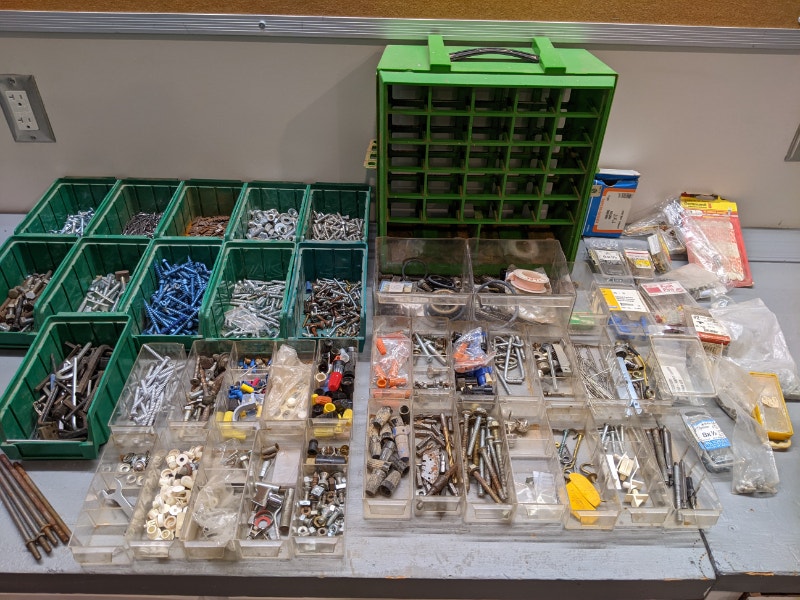 Various Tool and parts Organizers and Stackable Bins & hardware Tool