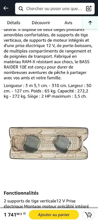 avec toile, moteur, batterie, rame, kit d'urgence, support a canne, toile sur mesure et rampe pour d...