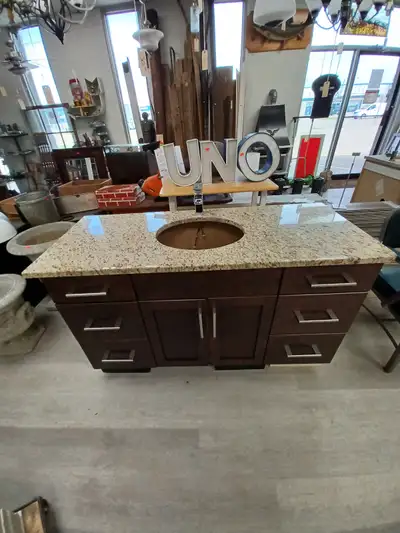 Coffee Bathroom Vanity Granite Countertop, chrome faucet ( No under mount sink available) soft close...