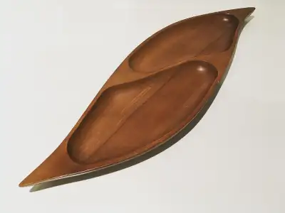 PLATEAU BOL BOIS NOYER WALNUT  FEUILLE VINTAGE NOYER MID CENTURY, View more