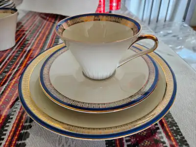 ZEN SCHERZER BAVARIA GERMANY PORCELAIN BLUE GOLD TEA SET 38 PCS IN IDEAL CONDITION