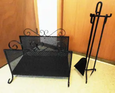 ANTIQUE HAND MADE STEEL ORNATE FIREPLACE LOG HOLDER AND TOOL BAR, View more