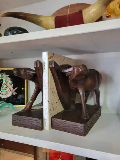Mid Century Modern Water Buffalo Wood Bookends.MCM, View more
