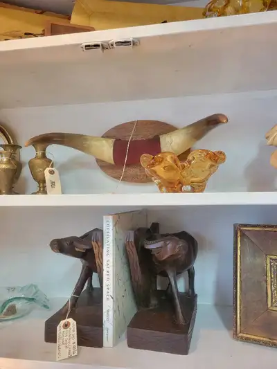 Vintage Mid Century Water Buffalo Wood Bookends, View more