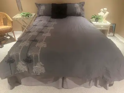 Queen size grey duvet cover and shams - embroidered tree design, View more