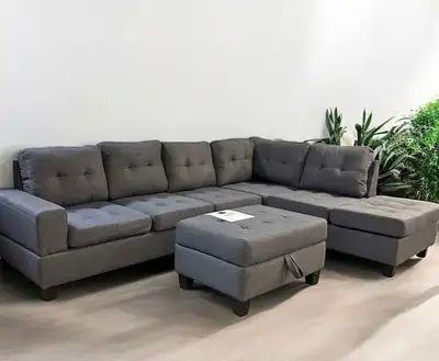 Grey Fabric Sectional Sofa with Storage Ottoman + Side Space , View more