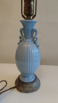 vintage bow tie cast iron base powder blue ceramic table lamp