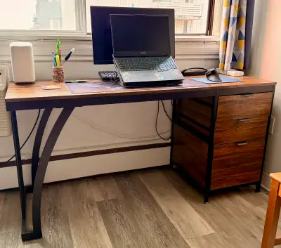 Industrial Office Desk with 3 Drawers – Rustic Brown & Black, View more