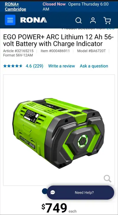 Brand new in box - EGO POWER+ ARC Lithium 12 Ah 56-volt Battery, View more