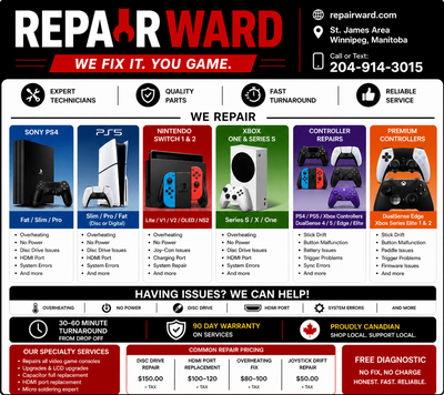 Hello Gamers, I am Dylan. Owner and Operator of Repair Ward located in Winnipeg, Manitoba. I special...