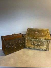 2 piece Vintage Brass Embossed Kindling Firewood Box