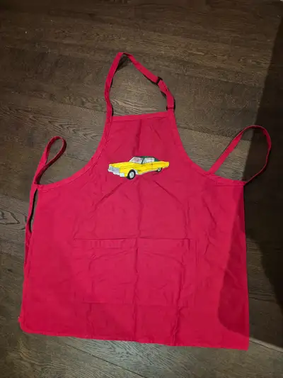 Red cotton apron with adjustable neck and embroidered vintage ca, View more