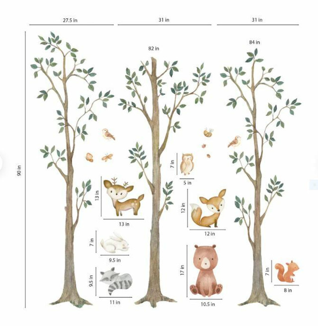 NEW Woodland Watercolor Wall Tree Decals Fabric Animals 90”x 90” in Home Décor & Accents in City of Toronto - Image 2