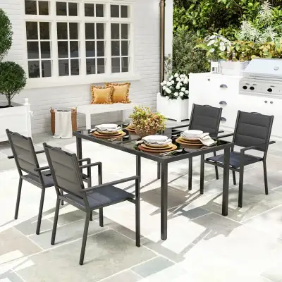 5 Piece Outdoor Dining Set w/ 4 Stackable Chairs, Rectangle Tabl, View more