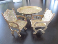 VINTAGE MINIATURE BRASS TABLE AND CHAIRS - DOLL HOUSE FURNITURE