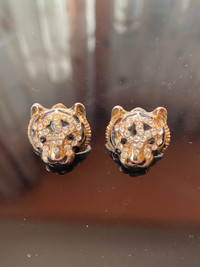 Vintage Black Panther Rhinestone Gold tone Earrings