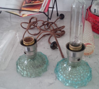 Vintage Bedroom Lamps, Glass Aqua Base, Glass Cylinders