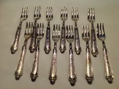12 LBL silver plated forks, Embossed fan design, View more