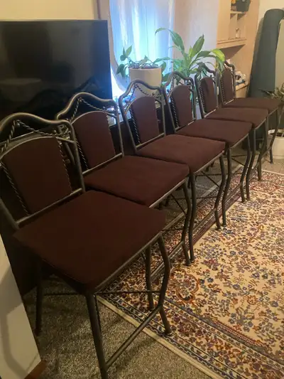 6 iron chairs with table bar height corduroy fabric dark chocolate brown has 2 inch high density foa...