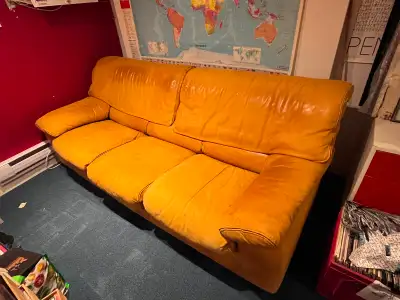 Vintage Roche Bobois yellow buffalo-leather couch early 1980s., View more