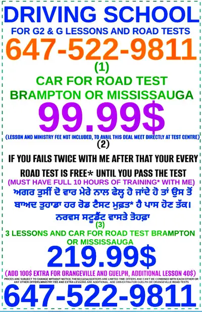 ✅ Offering driving school lessons for G2 and G road tests, with packages including car for the test,...