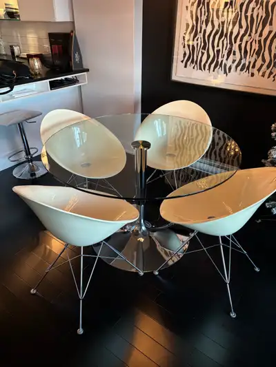 table chrome et verre +4 chaises rétro design, View more