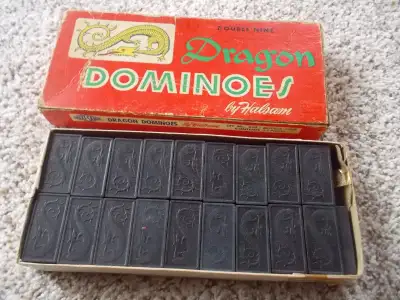 Double Nine Dragon Dominoes. 55 wooden tiles with Original Box. The wooden tiles are in great shape!...