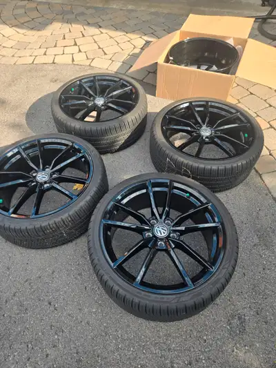 4 used OEM 19"x8" VW Pretoria wheels from a 2019 Golf R. Wheel offset is ET50, bolt pattern is 5x112...