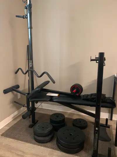 Home gym set with workout bench and  modular attachments, View more