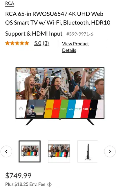 RCA 65-in RWOSU6547 4K UHD Web OS Smart TV w/ Wi-Fi, Bluetooth, View more