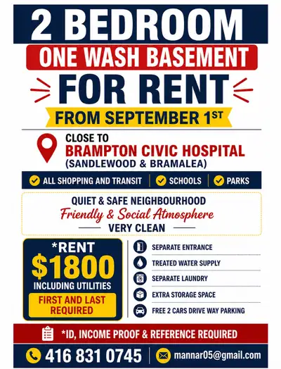 Basement for rent from JULY 1st close Brampton civic hospital (sandlewood&Bramalea) All shopping and...