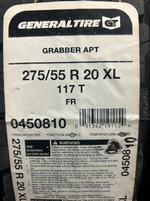 4 Brand New General Grabber APT 275/55R20 XL 4 Season tires in Tires & Rims in Ottawa