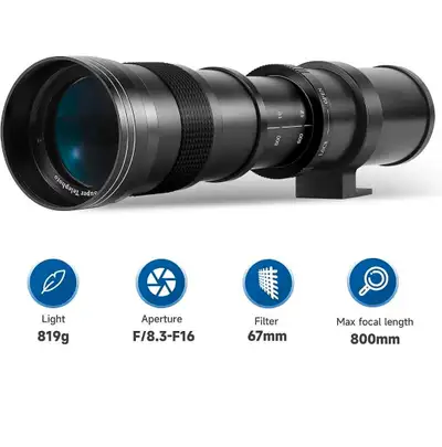 BRAND NEW - NEVER BEEN USED JINTU 420-800mm f/ 8.3 Manual Telephoto Zoom Lens + T-Mount for Canon EO...