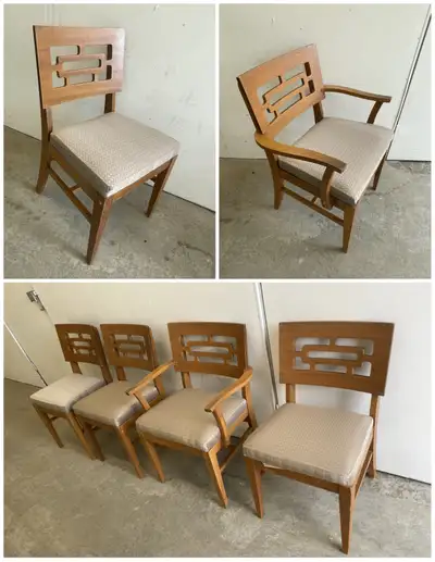 A set of 4 MCM vintage dining/cottage chairs (one armed), refurb, View more