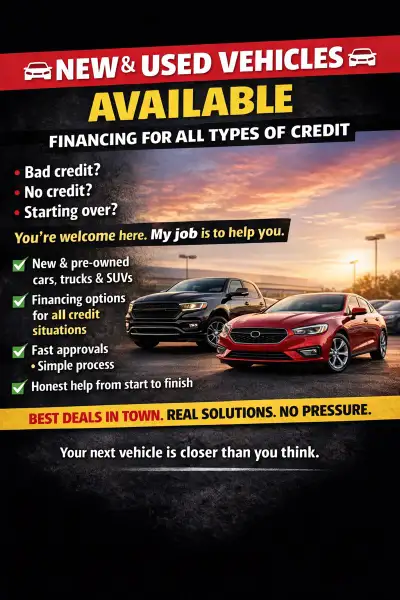 I’m here to help you get behind the wheel. Flexible financing for everyone Huge selection of cars, t...