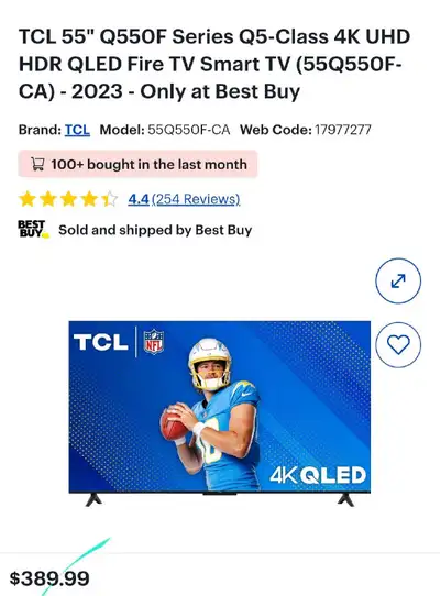 TCL 55" Q550F 4K UHD HDR QLED Fire TV Smart TV FROM $310, View more