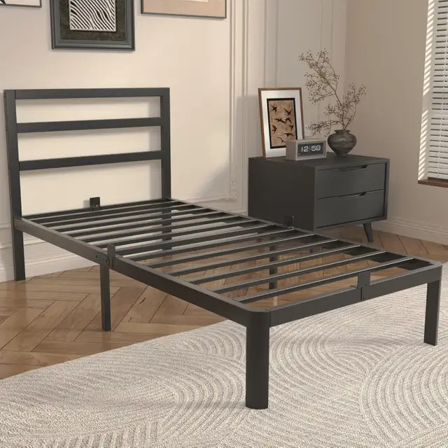 14 Inch Twin Bed Frame with Headboard, Black Metal Twin Size Bed in Beds & Mattresses in Longueuil / South Shore - Image 2
