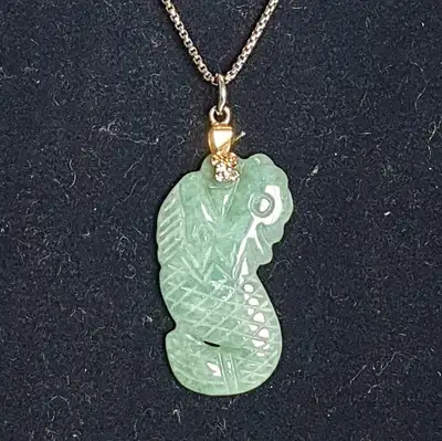 Vintage Hand Carved Double Sides Green Jade Dragon-Koi Pendant, View more
