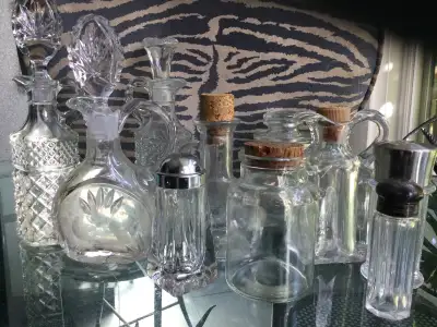 10 Crystal Glass Salad dressing Vinegar Oil Jam Jars Salt Pepper, View more