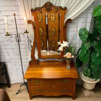 Antique Eastlake Solid Maple Vanity Dresser with Mirror and KEY!