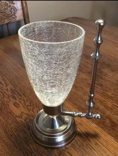 pewter candle lamp with crackle glass shade, View more