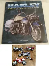 Large Harley Davidson book & 5 set mini motorcycles