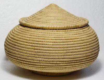 Vintage Indigenous Salish lidded basket, made of red cedar root and sweetgrass Materials: Red cedar...