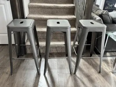 Set of 3 Bar Stools – Metal – Bar Height – Excellent Condition, View more